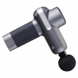 Handheld massage gun with sleek metallic body, cylindrical handle, and soft round foam head attachment, designed for muscle recovery and pain relief