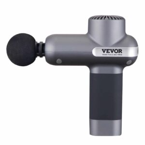 Matte gray and black VEVOR massage gun with round foam attachment and ergonomic handle, featuring ventilation slots and branding with tagline Tough Tools, Half Price