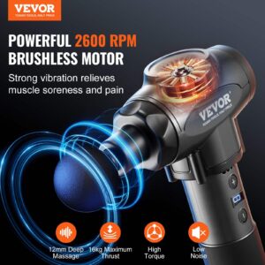 VEVOR massage gun shown in use with internal motor graphic, bold text highlighting 2600 RPM brushless motor, icons for 12mm deep massage, 16kg thrust, high torque, and low noise, with branding and slogan Tough Tools, Half Price