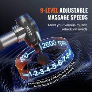 VEVOR massage gun with glowing circular band around head, digital overlay showing 9 adjustable speed levels from 800 to 2600 rpm, stylized wave background and text highlighting deep muscle relaxation from superficial to deep layers