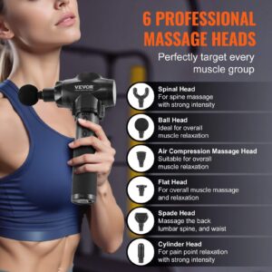 Person holding VEVOR massage gun with overlay showing six professional massage heads: spinal, ball, air compression, flat, spade, and cylinder, each labeled with icons and descriptions for targeted muscle relaxation and therapy
