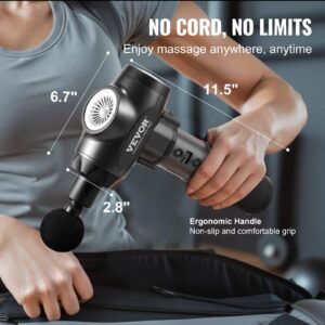 Person using VEVOR cordless massage gun on forearm, highlighted with measurements 6.7in height, 11.5in length, and 2.8in head width, promotional overlay emphasizing non-slip ergonomic handle and portability for massage anywhere