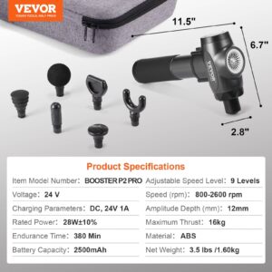 VEVOR BOOSTER P2 PRO massage gun displayed with seven interchangeable heads and carrying case, annotated with dimensions and detailed product specifications including 24V voltage, 2500mAh battery, 9 speed levels, 12mm amplitude, and 16kg thrust