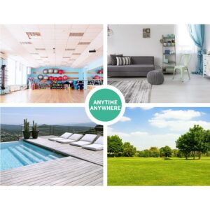 four-quadrant collage showing aerobic step platform used in gym, living room, poolside deck, and outdoor park, with central label reading "ANYTIME ANYWHERE"