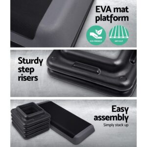 three-panel image showing textured EVA mat surface, durable stackable risers, and full platform assembly with caption highlights for eco-friendly anti-slip design and simple setup