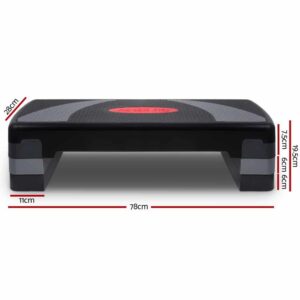 black and gray aerobic step platform with red center label, shown with labeled dimensions: 78cm length, 28cm width, 11cm side depth, and adjustable height levels of 6cm, 15cm, and 19.5cm