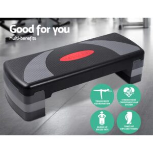 black aerobic step platform with textured surface and red "AEROBIC STEP" label, surrounded by green icons for body coordination, cardiovascular health, fat burning, and hip/thigh toning