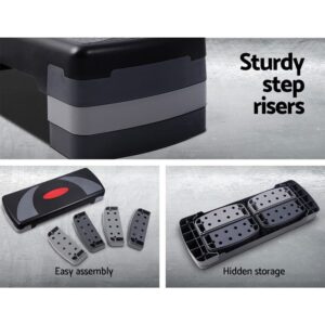 three-panel layout showing stacked aerobic step risers for stability, disassembled components for simple assembly, and underside compartment for riser storage
