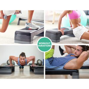 four-panel collage showing step-up with dumbbells, tricep dips, push-ups on dual platforms, and abdominal crunches with legs elevated on step platform, centered label reads "WORKOUT VARIATIONS"
