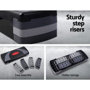 three-panel image showing stacked aerobic step risers for stability, disassembled components for easy setup, and underside compartment for hidden riser storage
