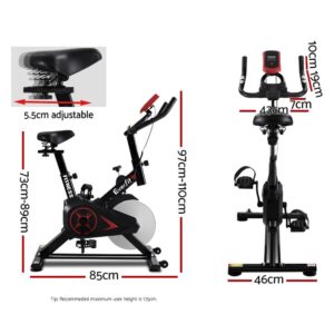 Everfit spin bike shown from side and front views with labeled measurements for seat height, handlebar width and height, base width, and recommended max user height of 175cm