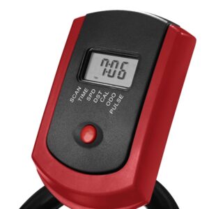 close-up of spin bike LCD panel with red sides, showing digital time display and labeled metrics including scan, time, speed, distance, calories, odometer, and pulse, with single red control button