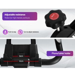 split image showing red resistance knob labeled STOP with push and turn instructions, and phone/tablet holder with 17cm width and 8cm height for secure device placement on spin bike