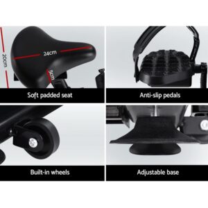 four-quadrant image showing soft padded seat with dimensions, anti-slip pedals with strap, built-in transport wheels, and adjustable base for stability on fitness bike