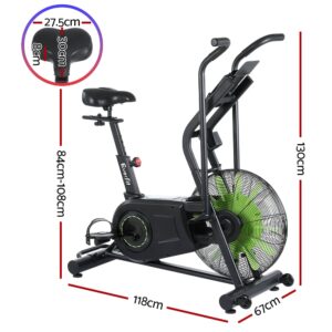 Everfit air bike with fan resistance shown with labeled measurements including 130cm height, 118cm length, 67cm width, and adjustable seat height from 84cm to 108cm with inset seat dimensions