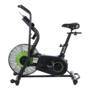 Everfit air bike in black with green accents, featuring fan wheel for air resistance, dual-action handlebars, adjustable padded seat, and mounted LCD monitor for indoor fitness