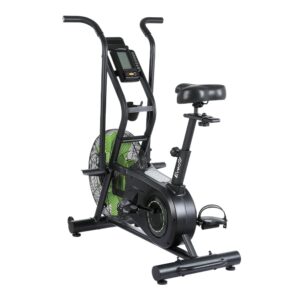 Everfit air bike with large fan wheel, dual-action handlebars, adjustable padded seat, and mounted LCD monitor, designed for indoor cardio workouts