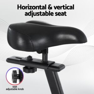 close-up of black spin bike seat with textured surface and highlighted adjustment knob for horizontal and vertical positioning, enhancing ergonomic fit and comfort