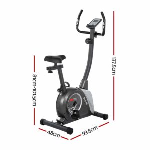 Everfit upright exercise bike with labeled measurements including 131.5cm handlebar height, 81–101.5cm adjustable seat height, 93.5cm base length, and 48cm base width
