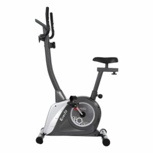 Everfit upright exercise bike in grey and black with magnetic resistance system, adjustable padded seat, and handlebars with integrated pulse sensors for indoor cardio workouts