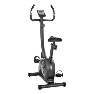Everfit upright exercise bike with digital display, foot strap pedals, cushioned adjustable seat, and enclosed flywheel, designed for indoor cardio and leg workouts