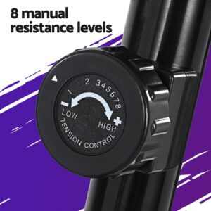 close-up of black tension control knob mounted on vertical pole, labeled from 1 to 8 with LOW to HIGH resistance scale and arrow indicating clockwise adjustment