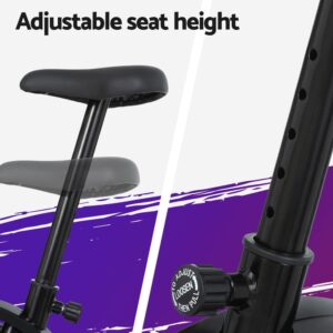 split image showing black spin bike seat and vertical post with multiple holes, featuring adjustment knob labeled "TO ADJUST LOOSEN THEN PULL" for secure height customization