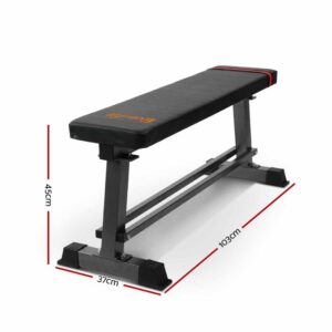 black flat weight bench with red corner accents and labeled dimensions showing 430mm height, 380mm width, and 1200mm length