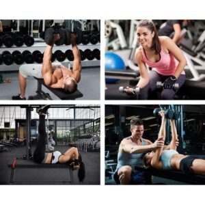 four-photo gym collage showing dumbbell bench press, cable tricep pushdown, leg raises, and barbell bench press with spotter