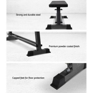 three-panel image showing workout bench with durable seat, carbon powder coated base, and liquid feet for stable positioning