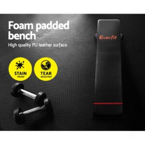 everfit branded foam padded bench with black PU leather surface, red trim, and two dumbbells placed beside icons showing 220kg capacity and 11.4kg weight