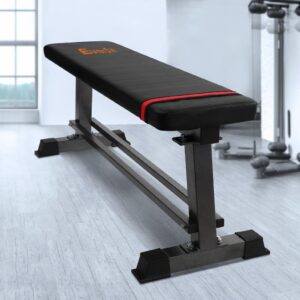 flat weight bench with black padding and red trim, set in a well-lit gym environment with surrounding equipment