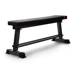 flat padded weight bench with wide metal frame, designed for bench press and dumbbell workouts in home or commercial gyms