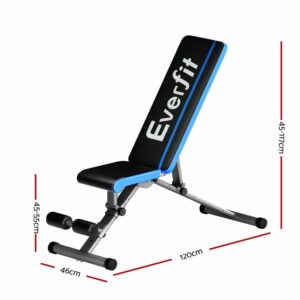 everfit branded workout bench with black and blue frame, padded backrest, leg holder, and labeled dimensions of 106cm height, 42cm width, and 120cm length