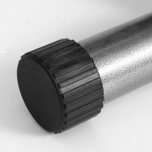 close-up of stainless steel cylinder with ribbed black plastic cap, designed for grip and secure adjustment in mechanical components of a weight bench
