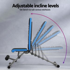 multi-position workout bench showing flat to inclined angles with blue padding and steel frame, designed for versatile strength training