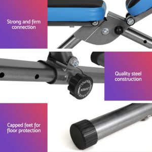 three-panel image showing strong hinge connection, steel tubing with adjustment knob, and capped support feet for floor protection