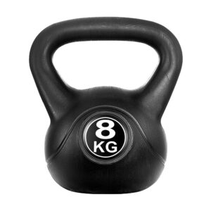 Front view of an 8kg black rubber coated kettlebell with ergonomic handle for strength and fitness workouts