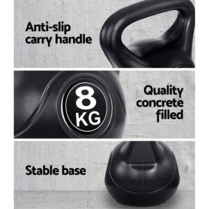 Promotional image of 8kg kettlebell showing anti-slip handle, concrete-filled body, and stable base in three labeled sections
