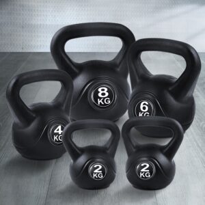 Set of five black kettlebells labeled 2kg, 4kg, 6kg, 8kg, and 12kg in white text arranged on grey surface