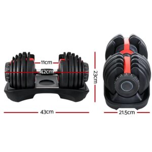 Measurement diagram of adjustable dumbbells on trays showing dumbbell length 42cm, width 11cm, height 23cm, and tray size 43cm by 21.5cm