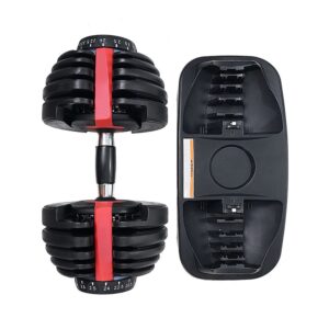 Adjustable dumbbell set with base tray, multiple weight plates, and dial mechanism for quick weight selection, designed for compact home gym use