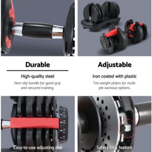 Feature collage of adjustable dumbbells showing durable non-slip handle, adjustable weight plates, easy-to-use dial, and safety lock mechanism