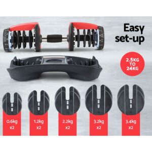 Adjustable dumbbell set with base and dial system showing five pairs of weight plates from 0.6kg to 3.4kg and text highlighting easy set-up with 2.5kg to 24kg range