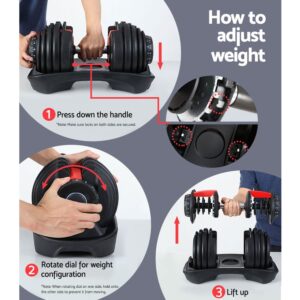 Step-by-step guide showing how to adjust weight on adjustable dumbbells by placing handle, rotating dial, and lifting