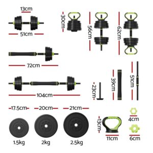 Assembly guide and specifications for adjustable dumbbell and barbell set showing dumbbell bars, barbell connector, weight plates from 1.25kg to 5kg, spinlock collars, and measurements of 45cm dumbbell bar, 40cm connector, and 100cm total barbell length