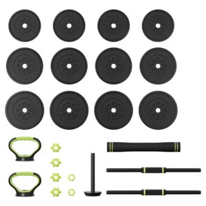 Complete adjustable dumbbell set laid out with twelve weight plates, two dumbbell handles, barbell connector, push-up handles, spin-lock collars, and accessories for home strength training