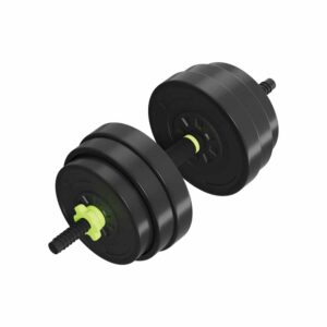Pair of adjustable dumbbells with black weight plates and central locking mechanism for secure strength training at home or in the gym