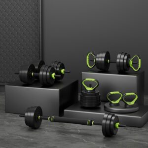 Modern home gym setup with black and green dumbbells, kettlebells, and barbell in a minimalist room
