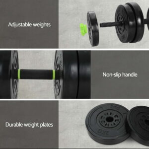 Feature graphic of adjustable dumbbells showing adjustable weights, close-up of non-slip handle, and durable weight plates